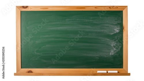Foto Green chalkboard with wooden frame and chalk sticks