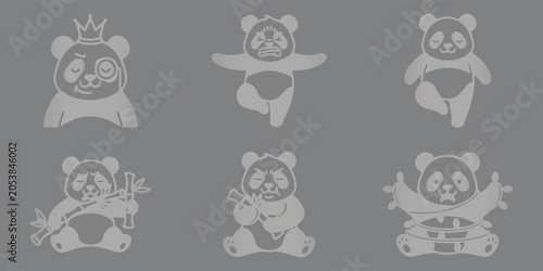 Grainy background Six Cartoon Pandas in Different Poses on Gray Background vector