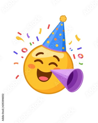 Happy yellow emoji face wearing a blue party hat and blowing a purple party horn with colorful confetti
