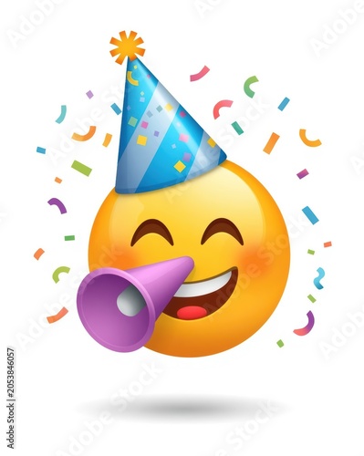 Happy yellow emoji face wearing a blue party hat and holding a purple horn with colorful confetti around