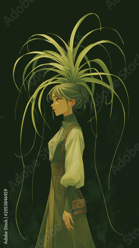 une femme sur fond noir avec une plante