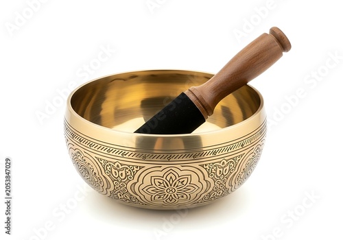 Brass singing bowl with wooden mallet on white background for meditation