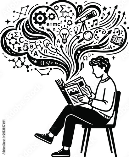 Young person reading book with science and knowledge symbols, knowledge