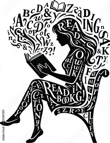 Woman sitting reading book formed by typography and letters with typography
