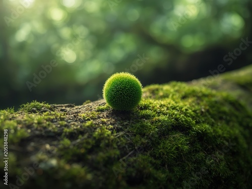 Small green moss ball sitting on a textured forest rock with beautiful sunlight and soft glowing bokeh