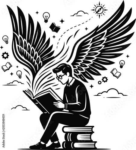 Conceptual illustration of a student reading with wings of imagination, learning