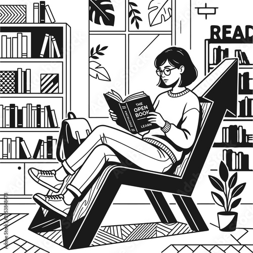 Woman sitting in a lounge chair reading a book in a library with bookshelf
