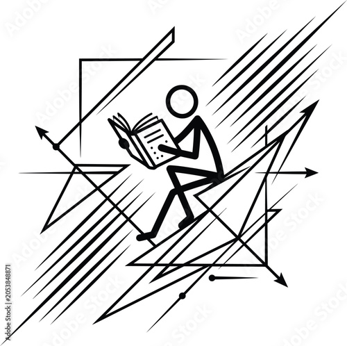Abstract stick figure reading a book with geometric motion lines, stickfigure