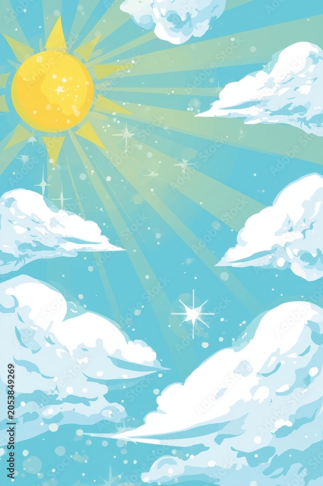 Fototapeta premium Bright yellow sun with white fluffy clouds in a light blue summer sky pixel art style illustration for digital design