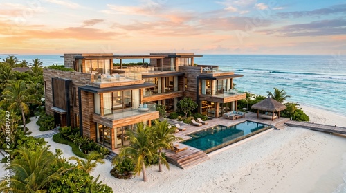 Luxury modern villa with swimming pool on a tropical beach at sunset