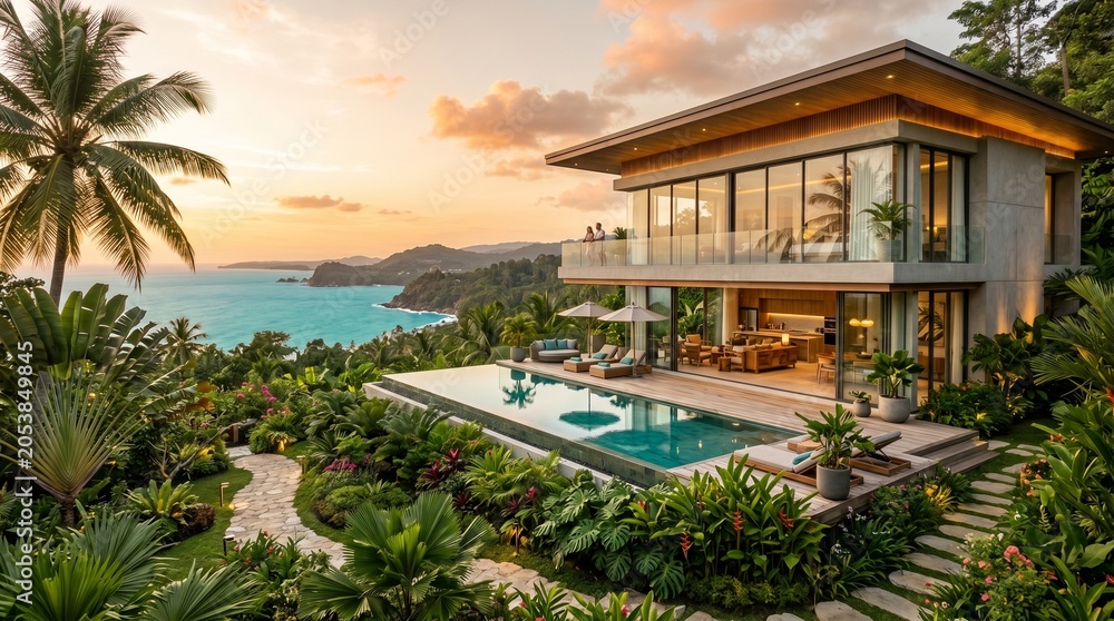 Fototapeta premium Luxury tropical villa with infinity pool overlooking ocean at sunset