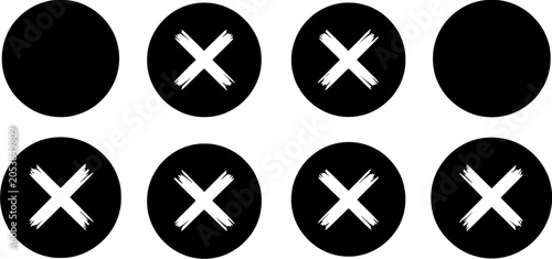 Set of black circles with white brush stroke cross symbols for choice and verification icons