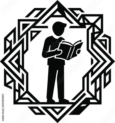 Person standing and reading a book inside a decorative geometric frame