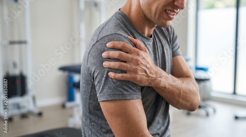 Man holding his shoulder in pain after a workout in a gym clinic