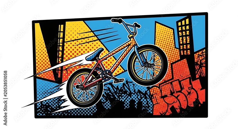 Fototapeta premium Dynamic bmx rider performing stunt in urban setting pop art style