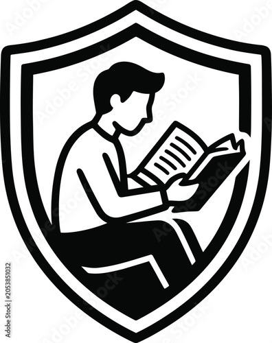 Person reading a book inside a protective shield symbol icon with protection