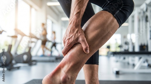 Man suffering from calf pain and leg cramp during workout in fitness gym