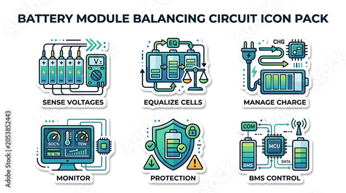 A detailed illustration of battery module balancing circuit icons including sense voltages, equalize cells, manage charge, monitor, protection, and BMS control