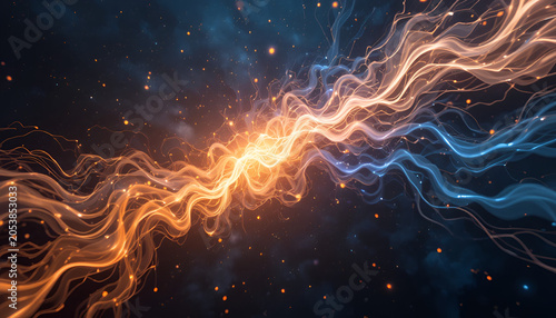 Vibrant orange and blue energy waves emanate from a glowing center