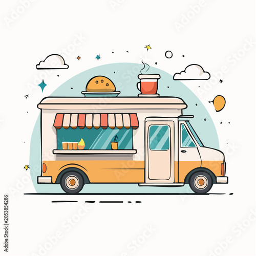 Cute Food Truck Illustration with Food and Drinks