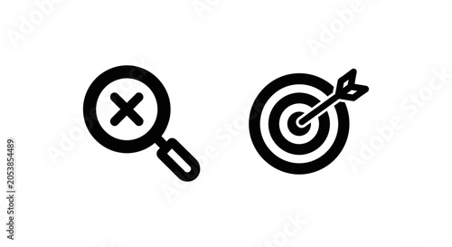 Failure cause and root cause analysis icons set with analysis magnifying bullseye business research management investigation strategy accuracy detection diagnostic evaluation