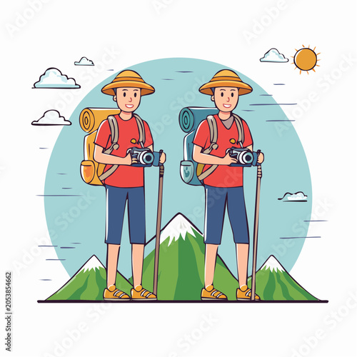 Two hikers with cameras and backpacks in mountains