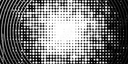 A combination of circular lines and contrasting dot patterns. Black and white abstract using halftone techniques. A pop art or retro graphic design style often found in comics or vintage prints.