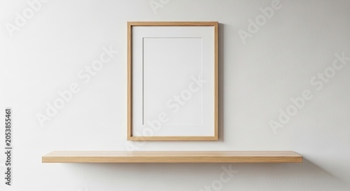 Blank wooden picture frame on white wall above shelf