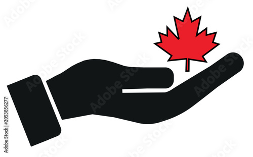 Black silhouette of a hand holding a red maple leaf symbol.