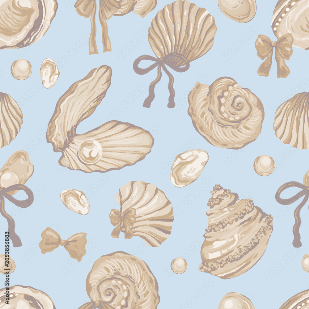 Fototapeta premium Vintage Neutral Seashell Seamless Pattern, Beige Coquette Shells Bows Digital Paper, Coastal Grandmother Fabric, Warm Sepia Ocean Wallpaper