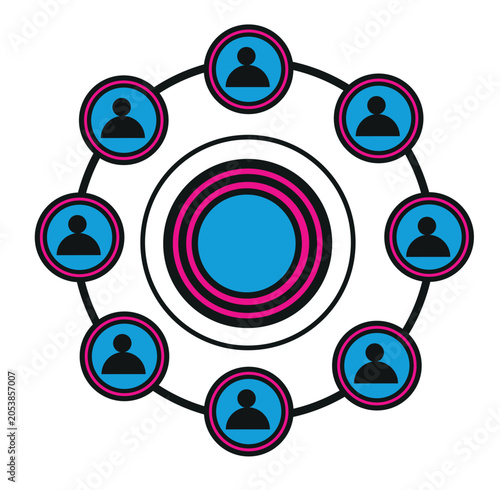 Stylized graphic of people connected in a circular network around a central hub.