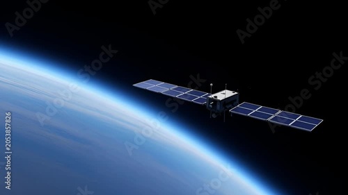 Satellite in space orbiting earth against black background