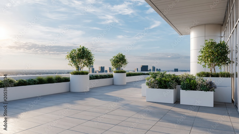 Naklejka premium Modern Urban Rooftop Terrace with City Skyline View, Lush Greenery, and Sleek White Planters