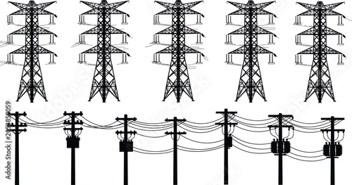 Obraz na płótnie Collection of electrical transmission and distribution silhouettes including hig