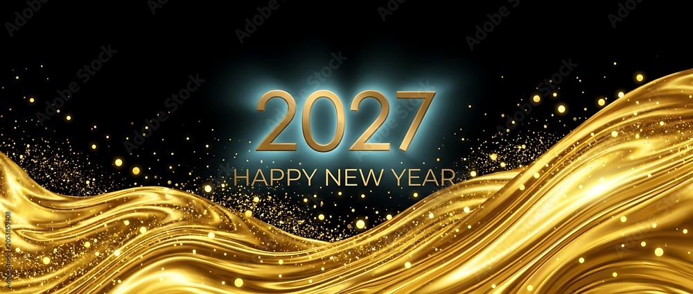 Fototapeta premium Golden waves with sparkles and 2027 happy new year text for celebration background.