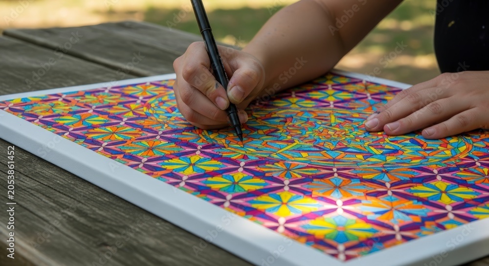 Obraz premium Close-up of a persons hands meticulously painting a vibrant, geometric pattern on a canvas outdoors.