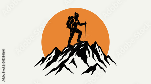 A minimalist flat vector illustration of a mountain climber standing on a rugged mountain peak.