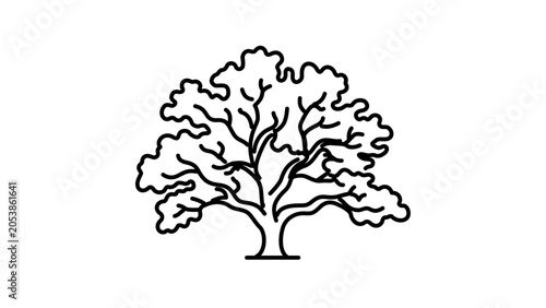 Minimalist oak tree deciduous silhouette vector icon with editable stroke. This clean line art illustration represents nature, forestry, and environmental conservation in a modern flat style.
