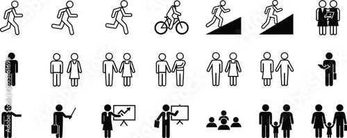 Photos Collection of human activity pictograms including running, cycling, climbing, te