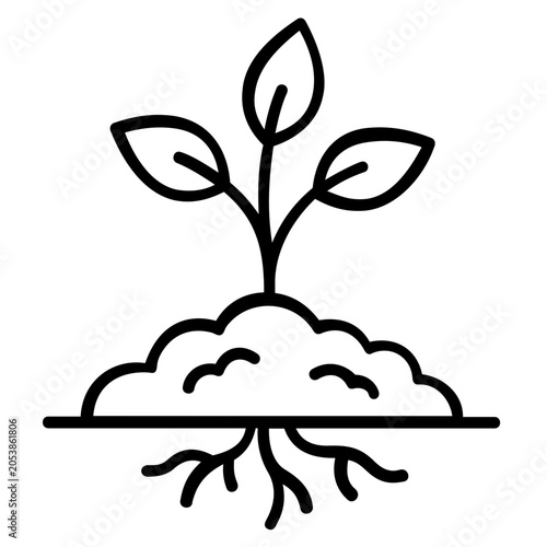 Professional vector icon illustration of a tiny plant sprout growing from soil, representing the beginning of life, environmental care, and ecological balance in a clean flat line art format.