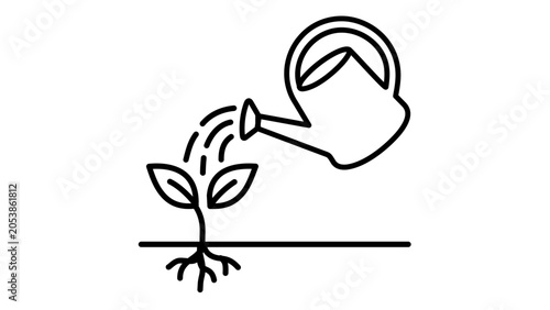 Professional line illustration of a watering can nurturing a small sprout with editable stroke, ideal for ecology, sustainability, and plant care designs with customizable line weight vector.