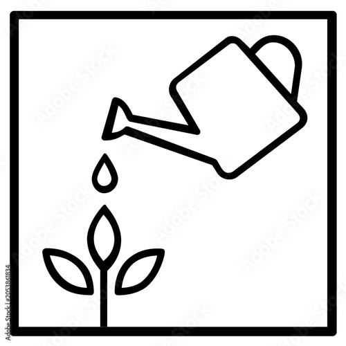 Minimalist vector icon of a watering can pouring water onto a young seedling plant, representing growth, gardening, nature, and environmental care in a clean flat style illustration for design.