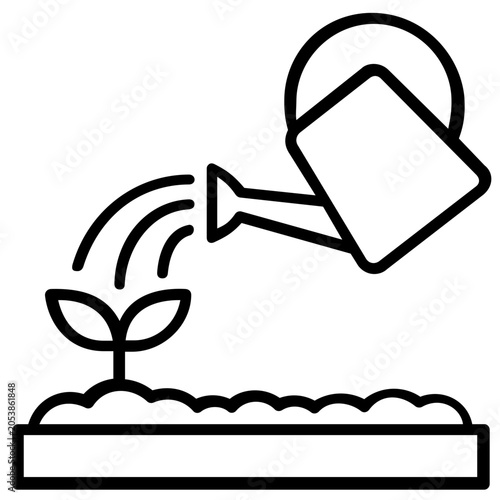 Elegant line art illustration of a watering can providing water to a fresh seedling sprout, perfect for eco-friendly branding, nature preservation, and horticultural growth vector icons pack.