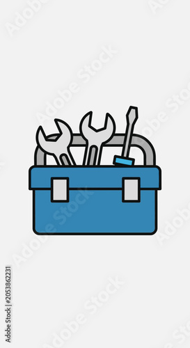 Blue toolbox with wrenches and screwdriver icon, repair and maintenance concept