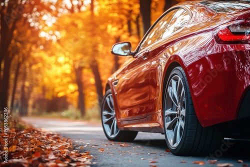 Red car parked on a road lined with autumn trees and fallen leaves