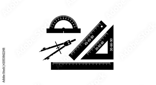 Geometry Tools Silhouette: Compass, Rulers, Protractor, Set Square on White Background