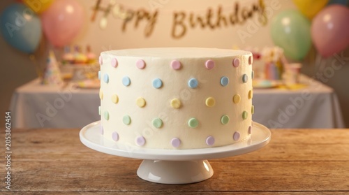 White birthday cake decorated with colorful dot icing stands on a cake pedestal