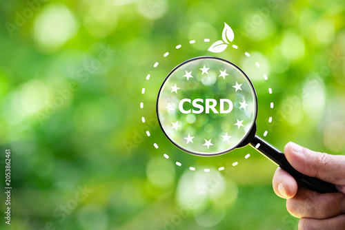 CSRD texts on magnifying glass and icons on natural background.
