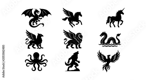 Foto Mythical Creatures Silhouettes Collection: Dragon, Pegasus, Unicorn, Griffin, Ch