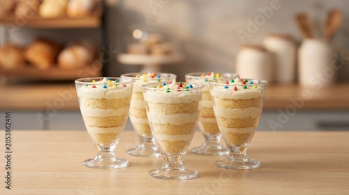 Elegant dessert cups layered with cream and colorful sprinkles are arranged on a kitchen counter.